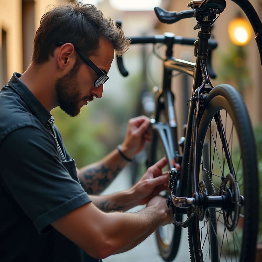 Mechanik rowerowy skupiony na regulacji przerzutki podczas wizyty u klienta