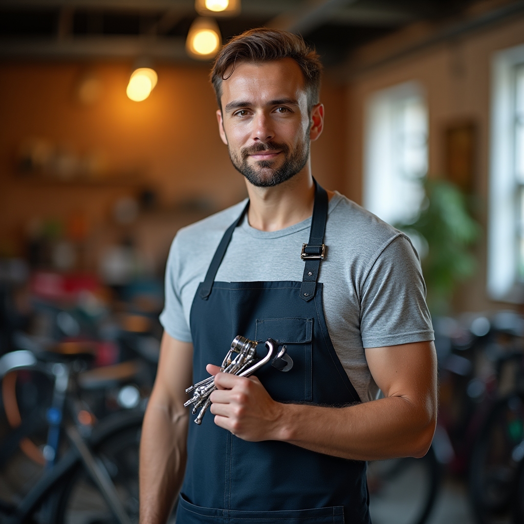 Mechanik rowerowy z profesjonalnymi narzędziami serwisowymi